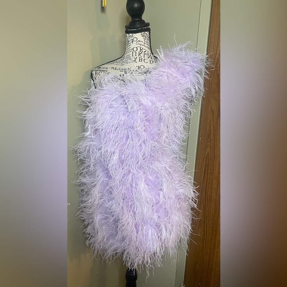 Ostrich feather one shoulder mini dress